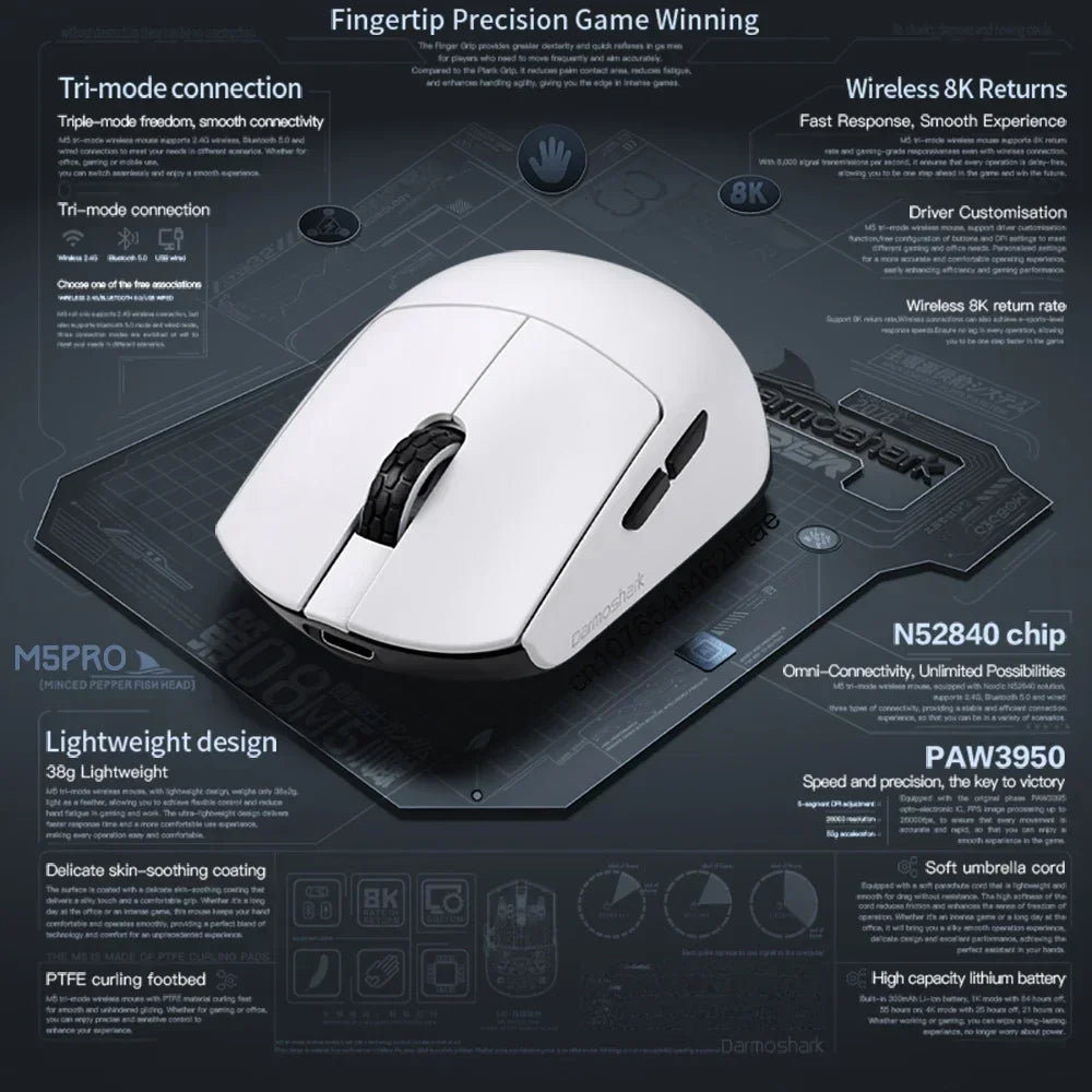 New Darmoshark M5 Pro Wireless Mouse PAW3950 8K Bluetooth Tri-Mode Connection Gaming Macro Mouse 30000DPI N52840 38g Lightweight